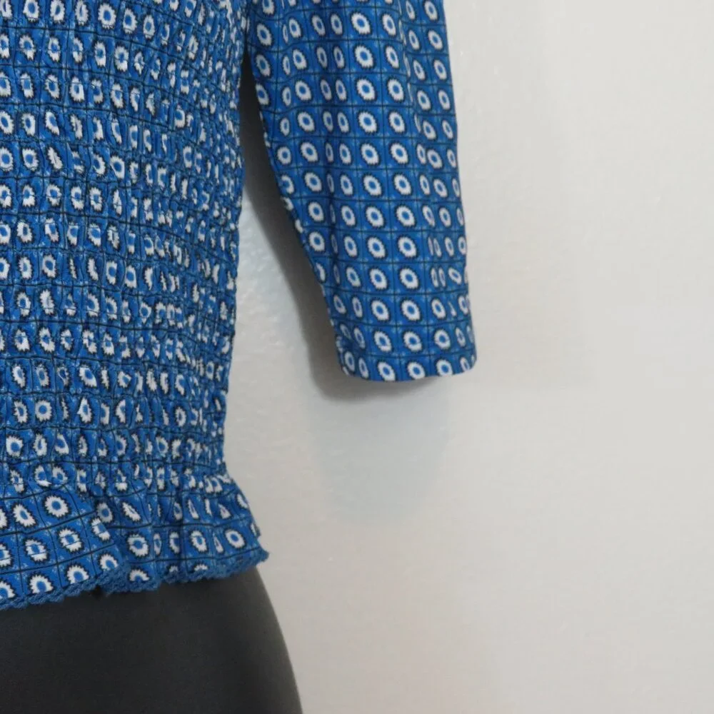 Sandro size 0 Molitor Smocked Top Blue Printed Half Sleeve Mock Neck NEW - Picture 4 of 6